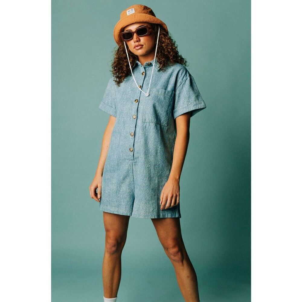 FRNCH Women's Denim Blue Leoline Button Front Cotton Romper Large